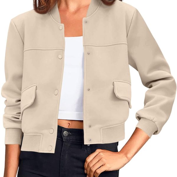 Womens Cropped Bomber Jackets Casual Button Down Long Sleeve Stand Collar Varsity Shacket Coats