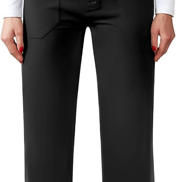 Womens Casual High Waist Straight Leg Pants Stretchy Button Business Dress Work Pocket Trousers