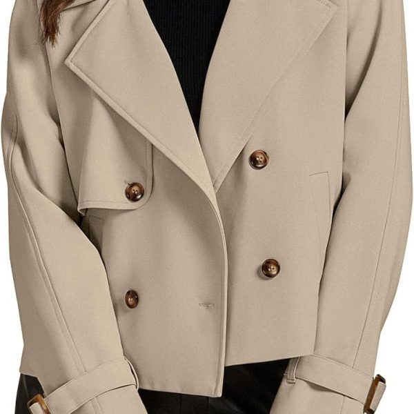 Cropped Trench Coat for Women Long Sleeve Double Breasted Notched Lapel Casual Loose Fit Jackets with Pockets