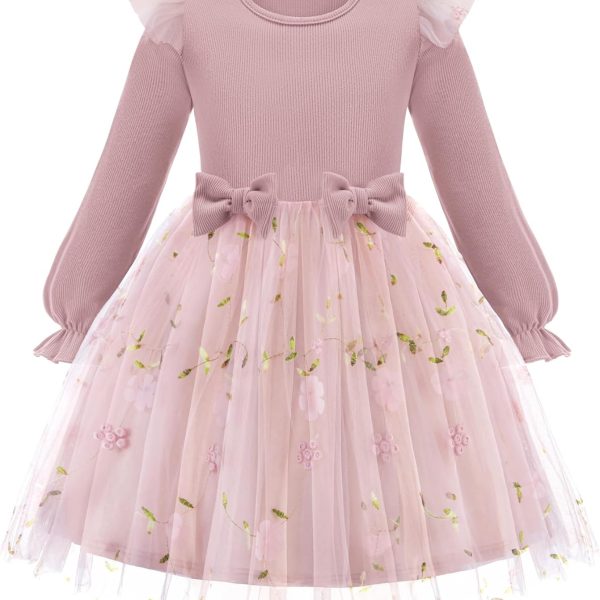 Toddler Girls Tulle Dresses with Bow Tie Fall Winter Long Sleeve Formal Party Dress 1-7 Y