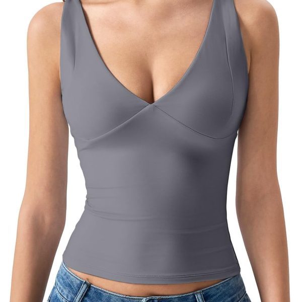 Womens Double Lined Tank Tops Sexy V Neck Seamed Cup Adjustable Spaghetti Straps Camisole Shirts