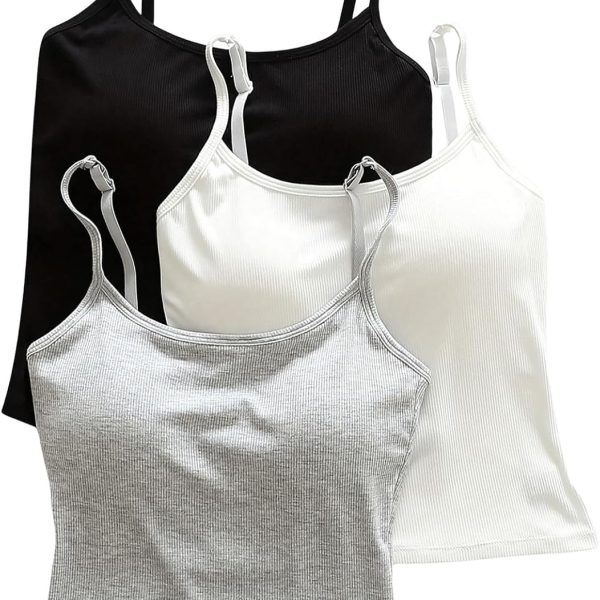 Women's 3 Pack Cami Crop Top Built in Bra Spaghetti Strap Tank Camisole Tops
