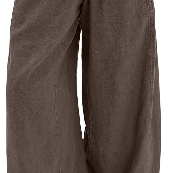 Women's Wide Leg Linen Pants Summer Boho Casual Elastic Waist Long Lounge Travel Pants Trousers with Pockets